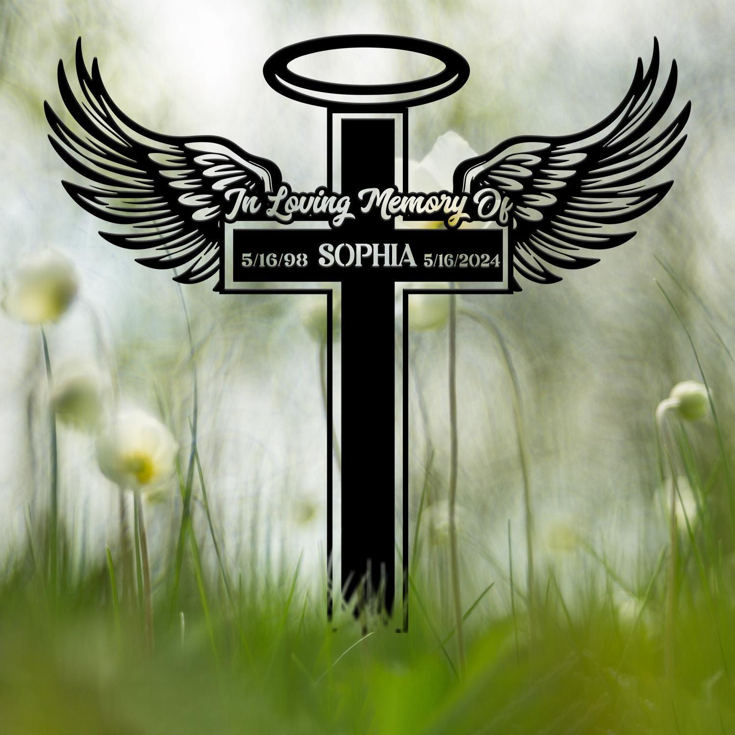 Personalized Angel Wings Metal Cross Memorial Stake, In Memory Cross, Grave Marker, Custom Cross Stake, Sympathy Gift, Remembrance Stake