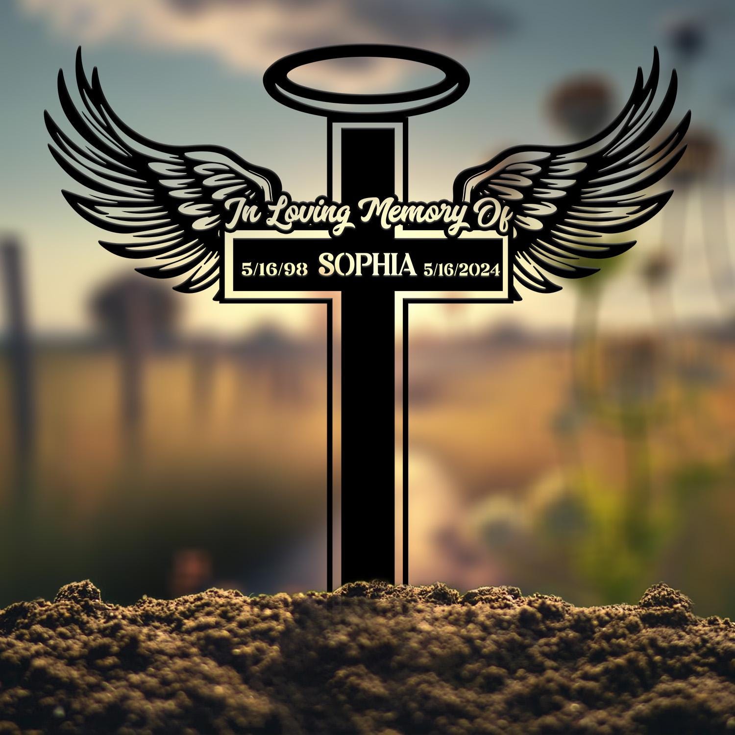 Personalized Angel Wings Metal Cross Memorial Stake, In Memory Cross, Grave Marker, Custom Cross Stake, Sympathy Gift, Remembrance Stake