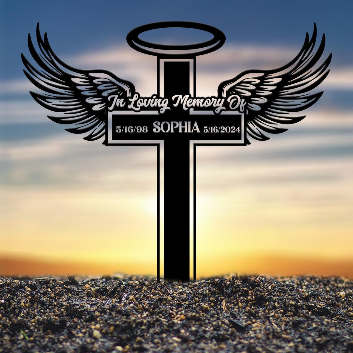 Personalized Angel Wings Metal Cross Memorial Stake, In Memory Cross, Grave Marker, Custom Cross Stake, Sympathy Gift, Remembrance Stake