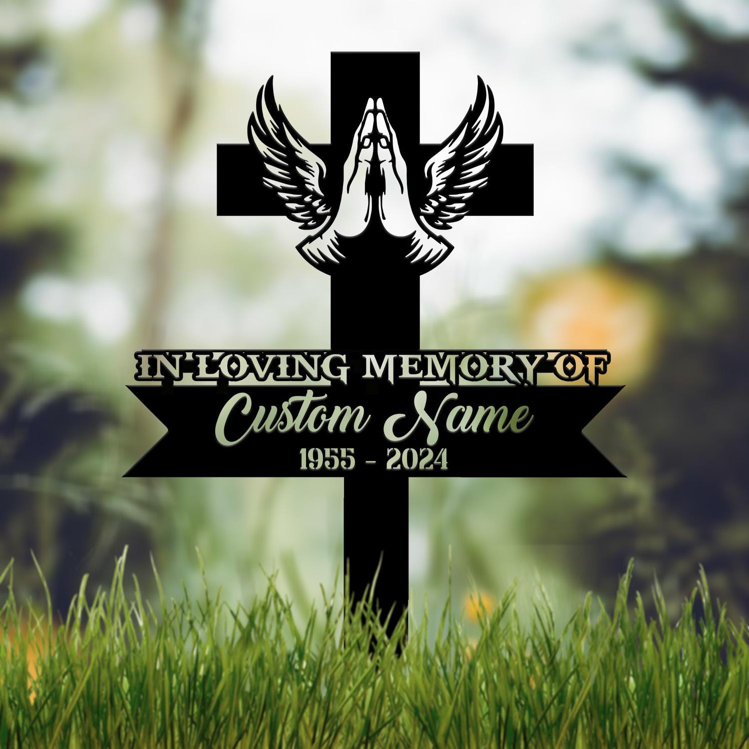 Personalized Cross With Praying Hand Memorial Stake, Religion Metal Stake, Sympathy Sign, Grave Marker, Remembrance Stake