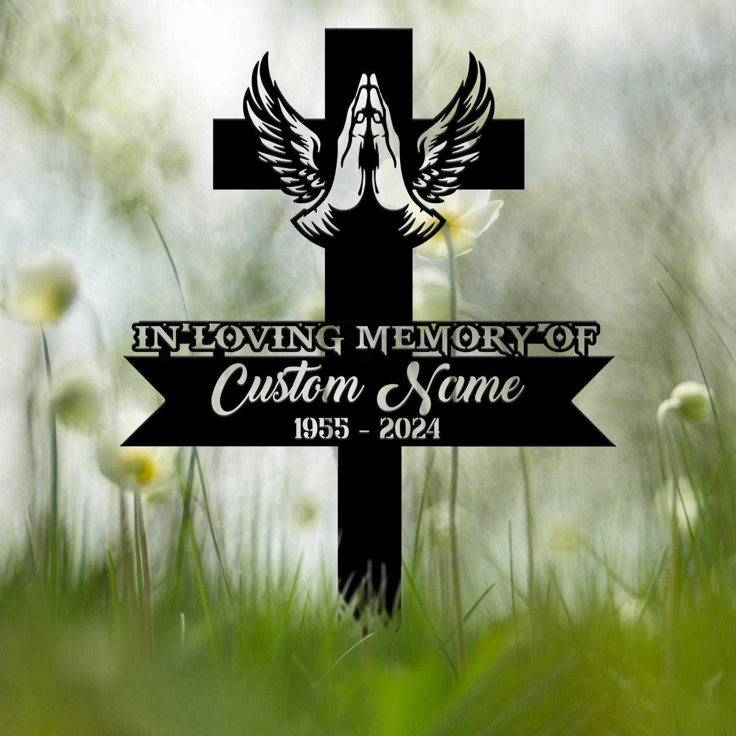 Personalized Cross With Praying Hand Memorial Stake, Religion Metal Stake, Sympathy Sign, Grave Marker, Remembrance Stake