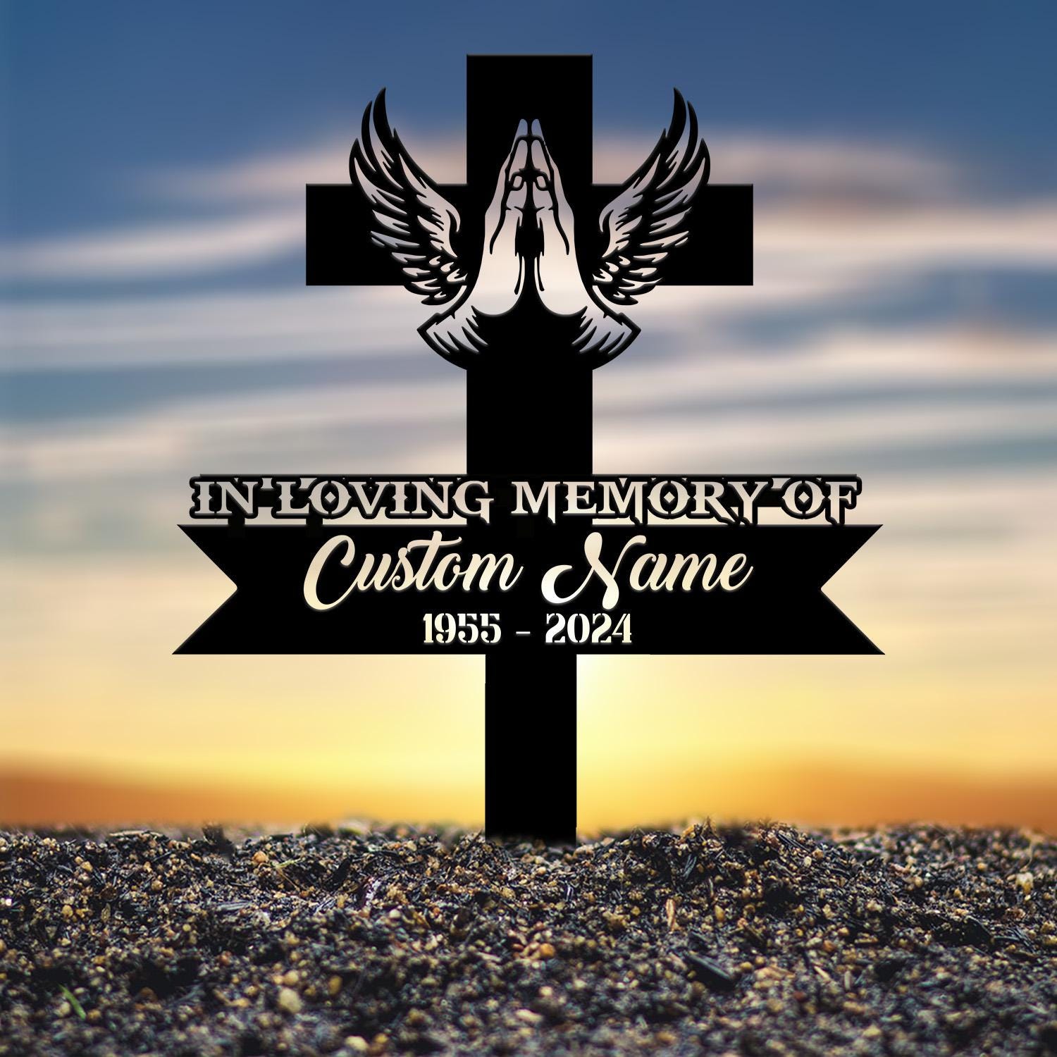 Personalized Cross With Praying Hand Memorial Stake, Religion Metal Stake, Sympathy Sign, Grave Marker, Remembrance Stake