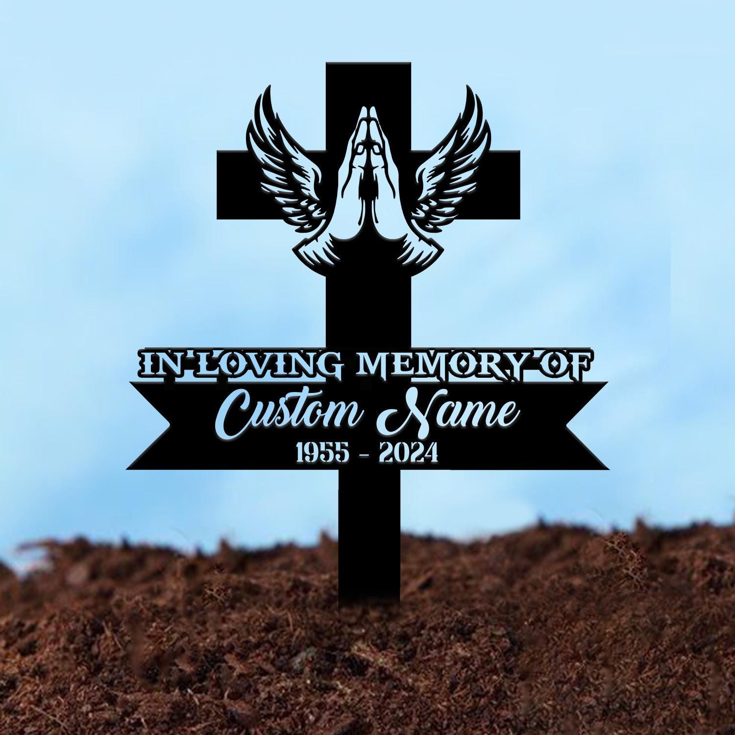 Personalized Cross With Praying Hand Memorial Stake, Religion Metal Stake, Sympathy Sign, Grave Marker, Remembrance Stake