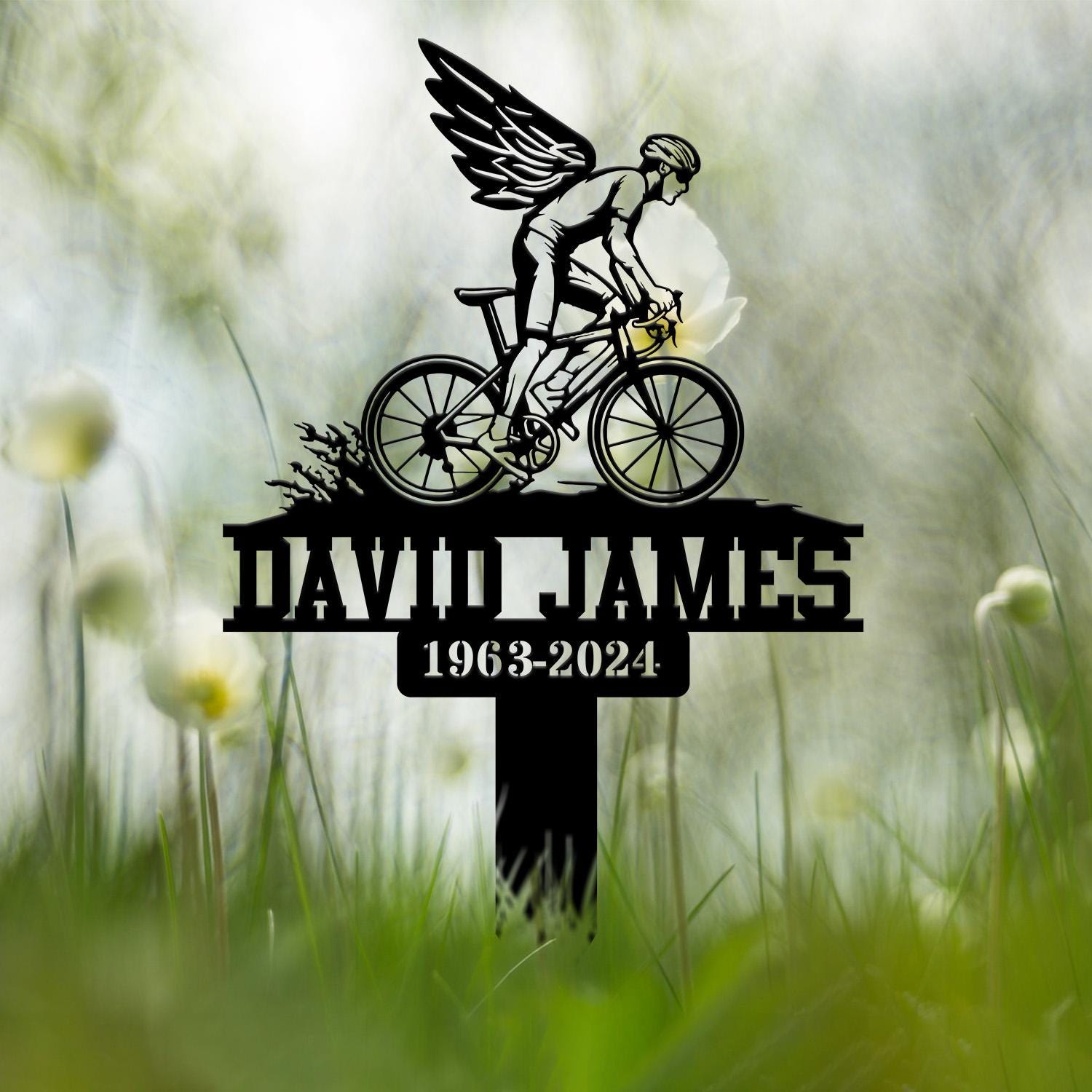 Personalized Cyclist Bike Rider with Wings Memorial Plaque Stake, Metal Stake, Sympathy Sign, Grave Marker, Remembrance Stake