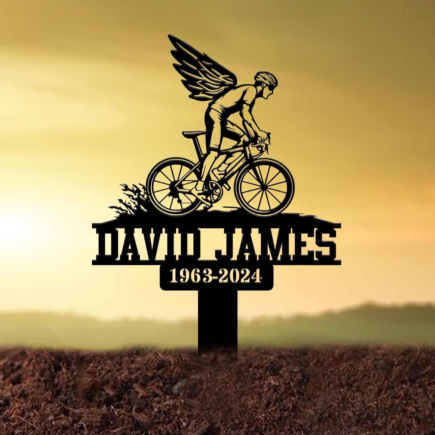 Personalized Cyclist Bike Rider with Wings Memorial Plaque Stake, Metal Stake, Sympathy Sign, Grave Marker, Remembrance Stake