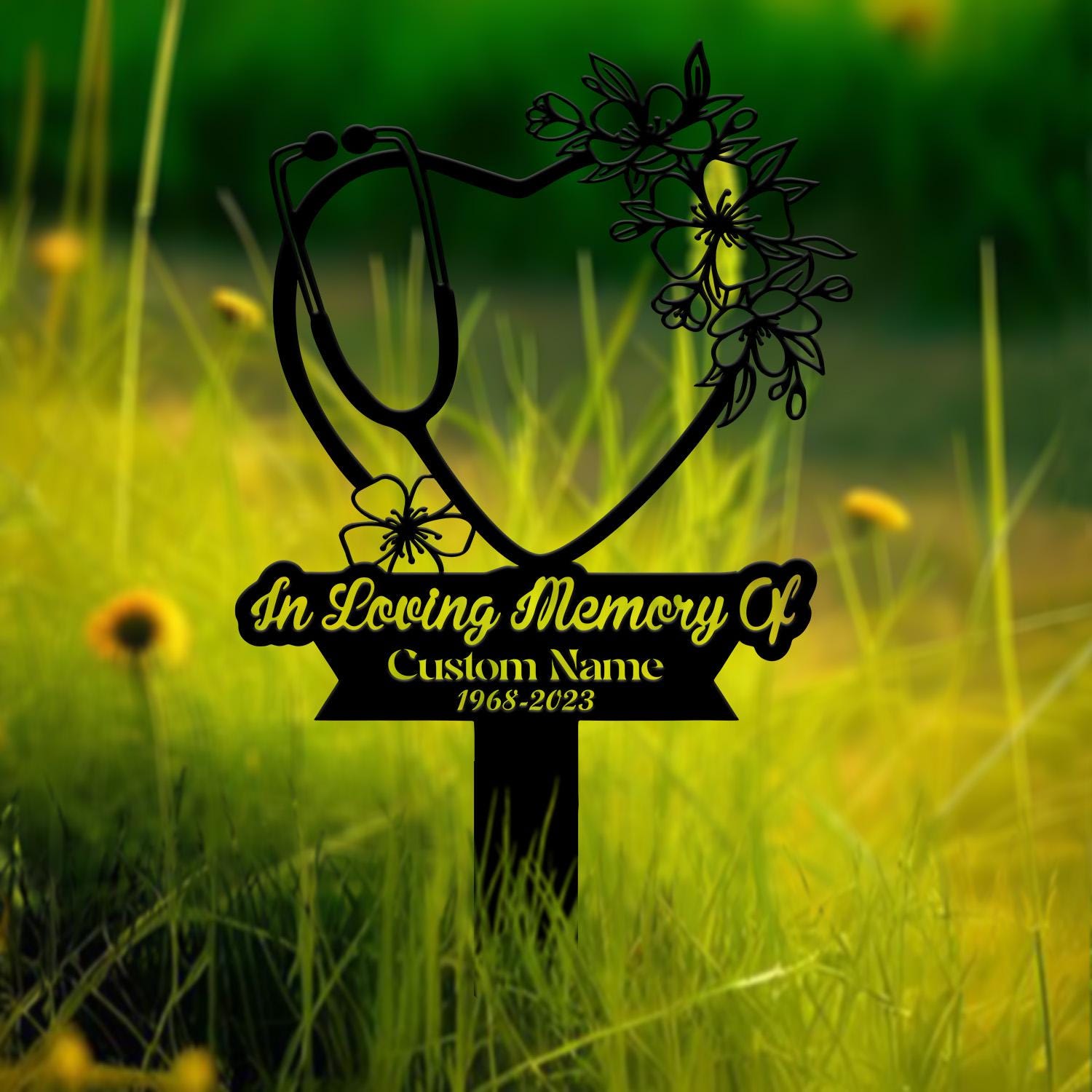 Personalized Floral Heart Stethoscope Nursing Memorial Plaque Stake, Sympathy Sign, Grave Marker, Remembrance Stake,