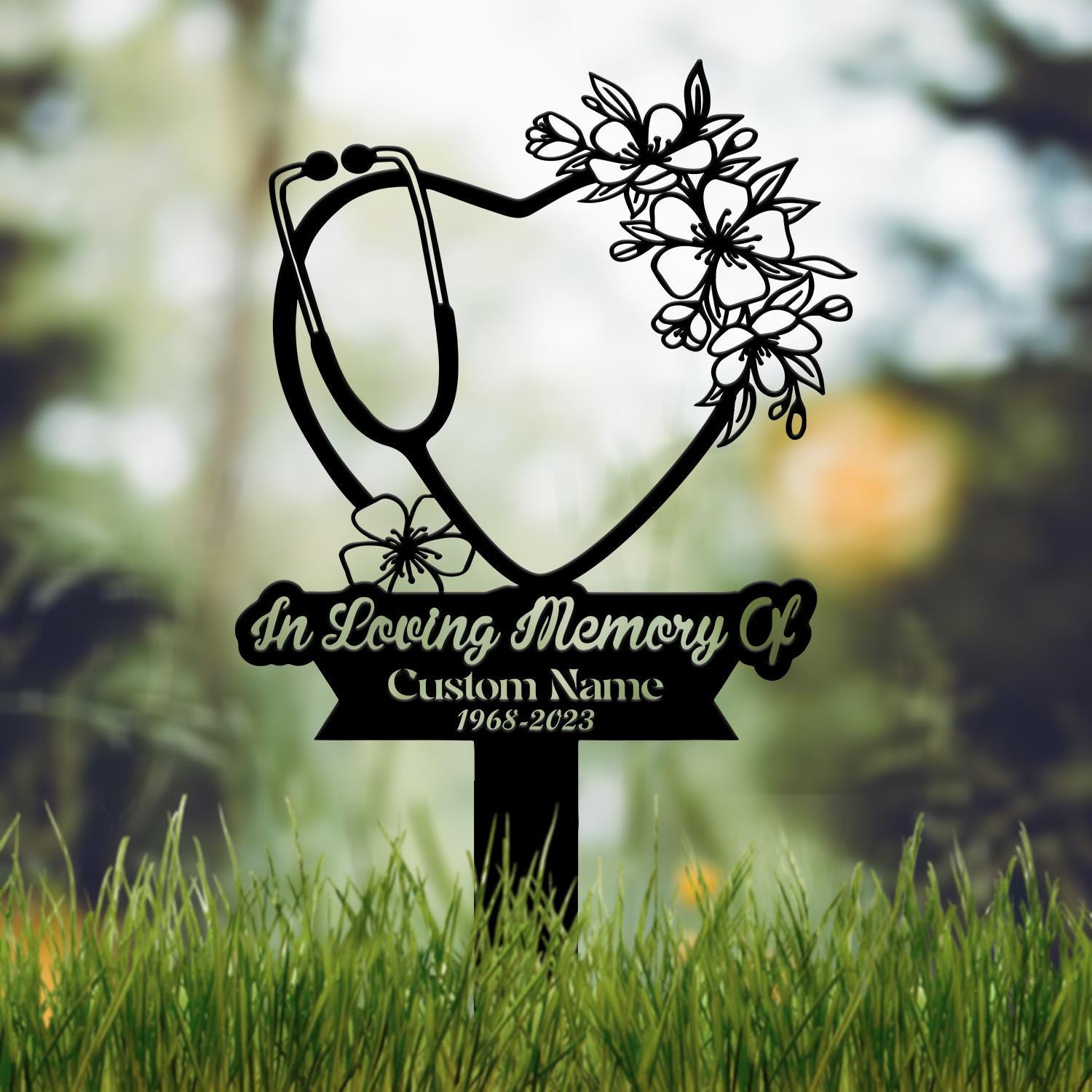 Personalized Floral Heart Stethoscope Nursing Memorial Plaque Stake, Sympathy Sign, Grave Marker, Remembrance Stake,