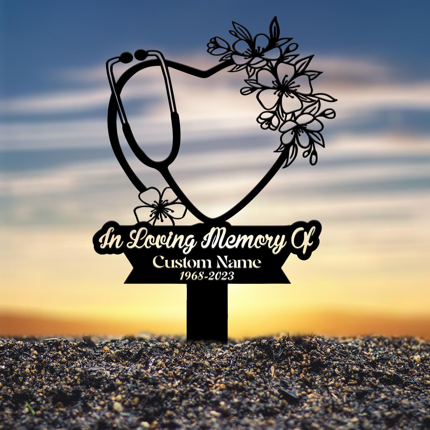 Personalized Floral Heart Stethoscope Nursing Memorial Plaque Stake, Sympathy Sign, Grave Marker, Remembrance Stake,