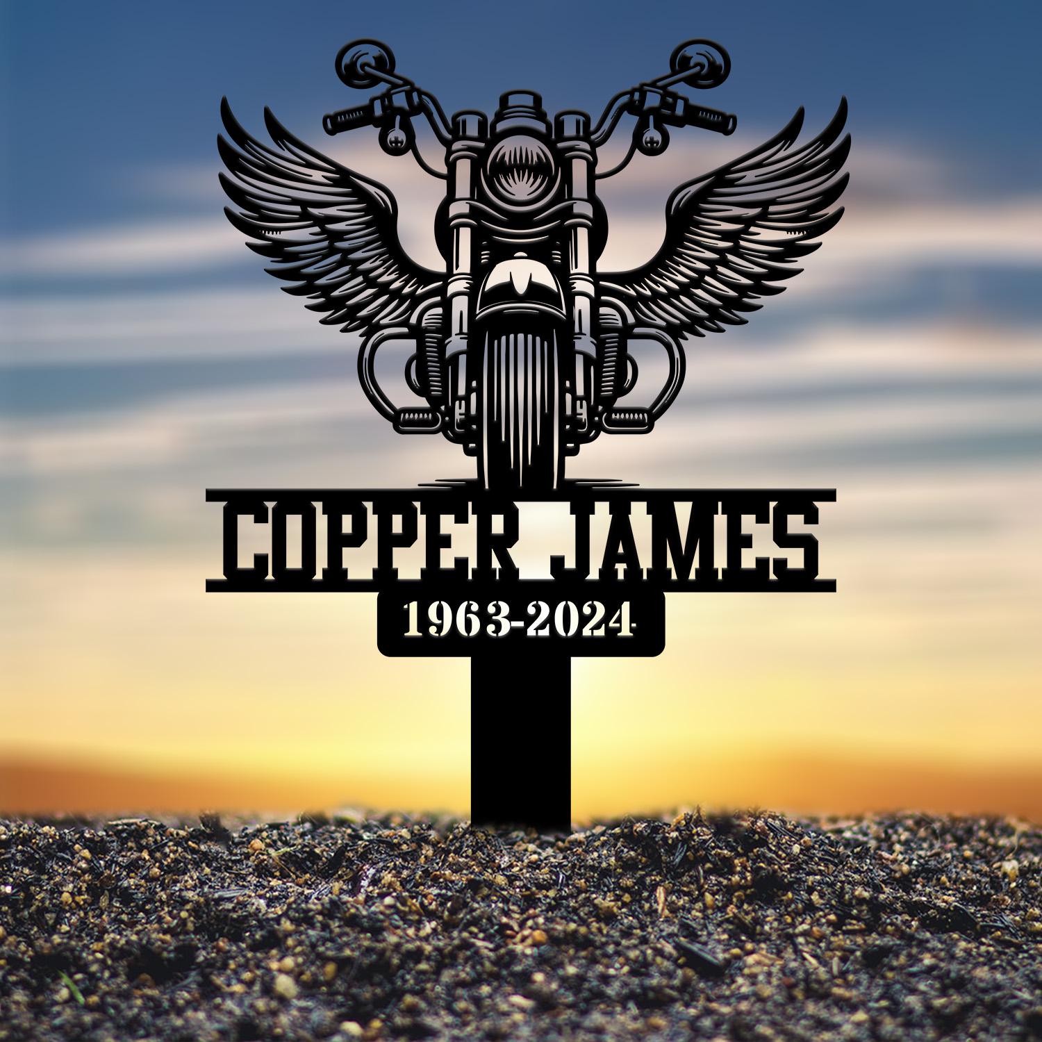 Custom Motorcycle with Wings Memorial Plaque Stake, Personalized Rider Memorial Metal Stake, Biker Name Sign, Sympathy Sign, Grave Marker