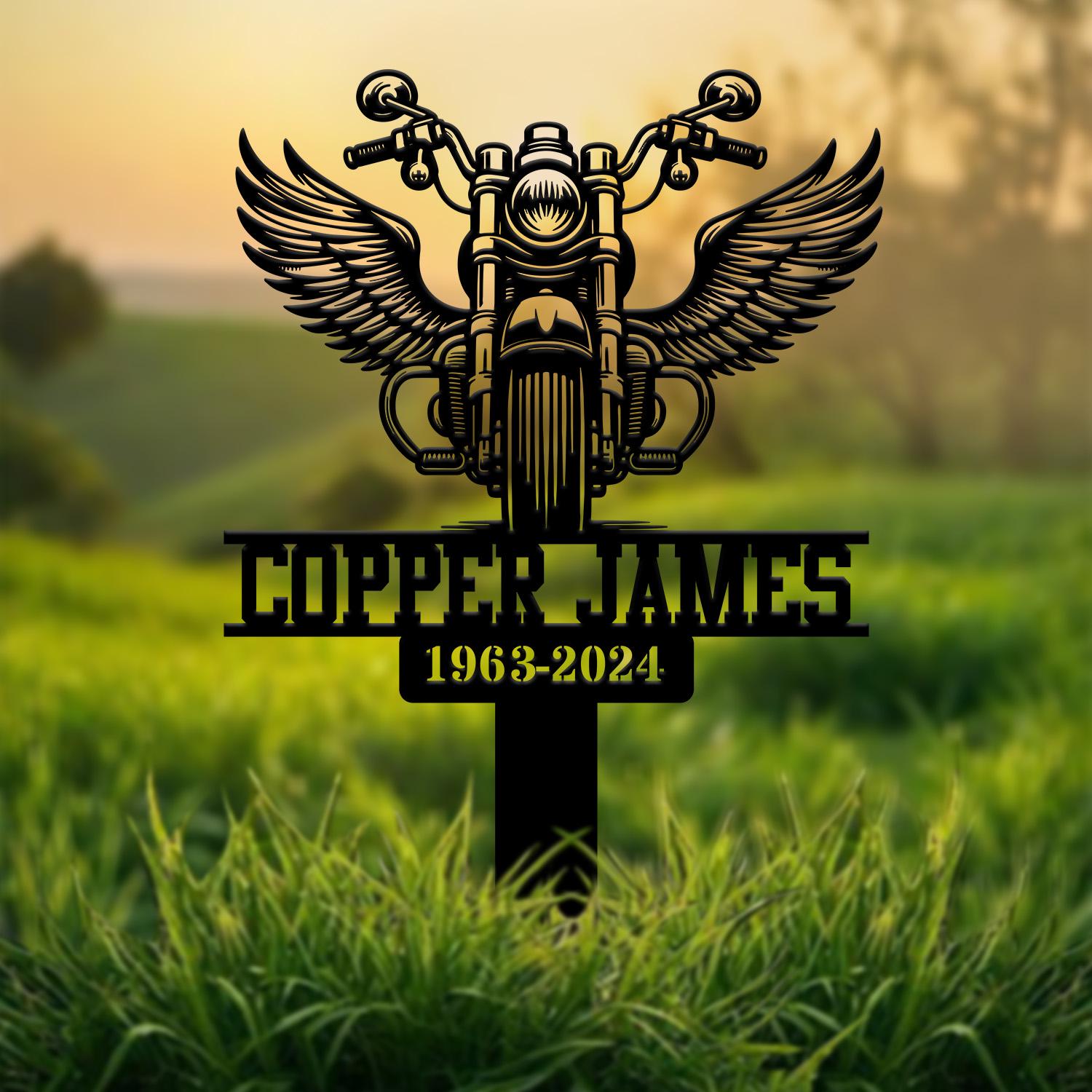 Custom Motorcycle with Wings Memorial Plaque Stake, Personalized Rider Memorial Metal Stake, Biker Name Sign, Sympathy Sign, Grave Marker