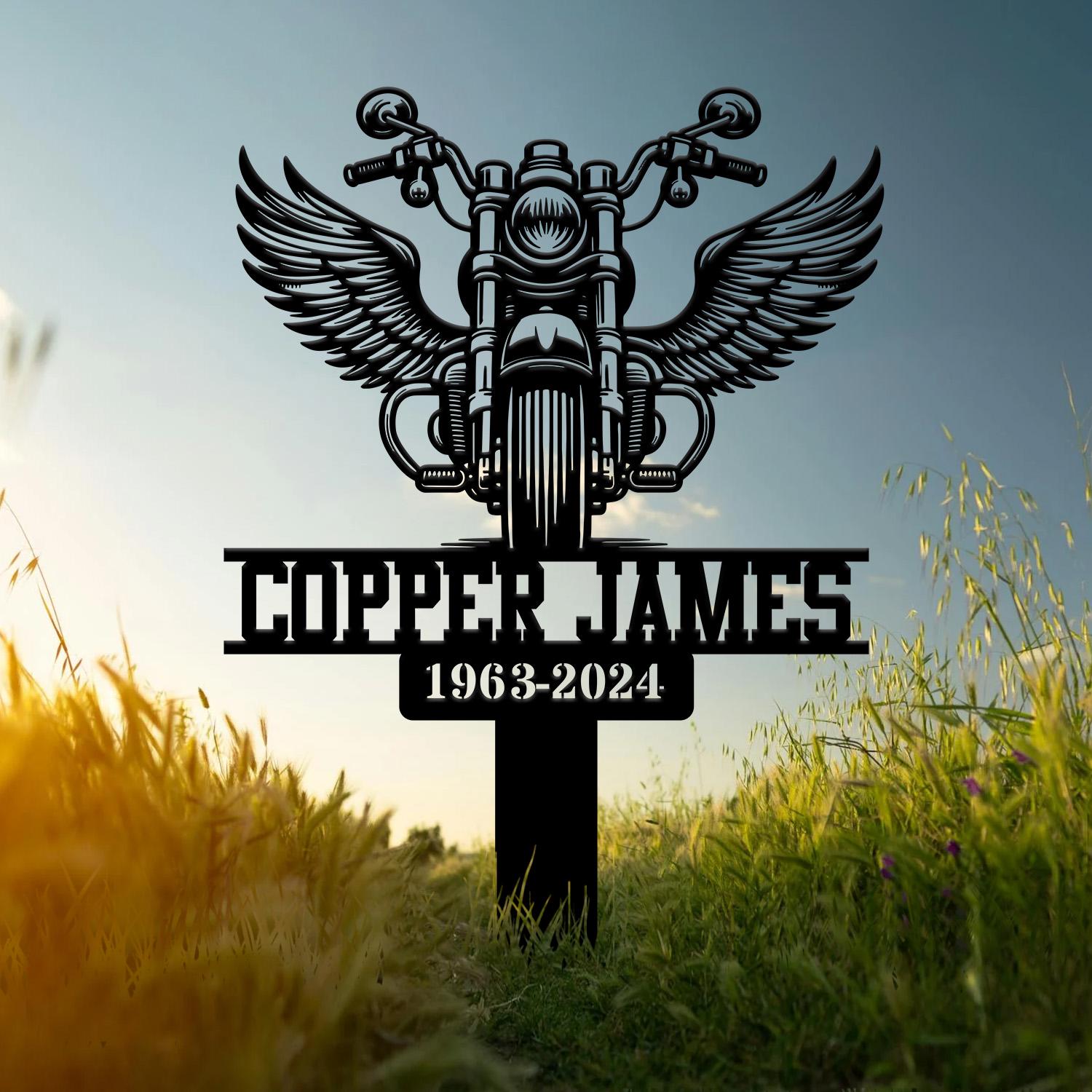 Custom Motorcycle with Wings Memorial Plaque Stake, Personalized Rider Memorial Metal Stake, Biker Name Sign, Sympathy Sign, Grave Marker