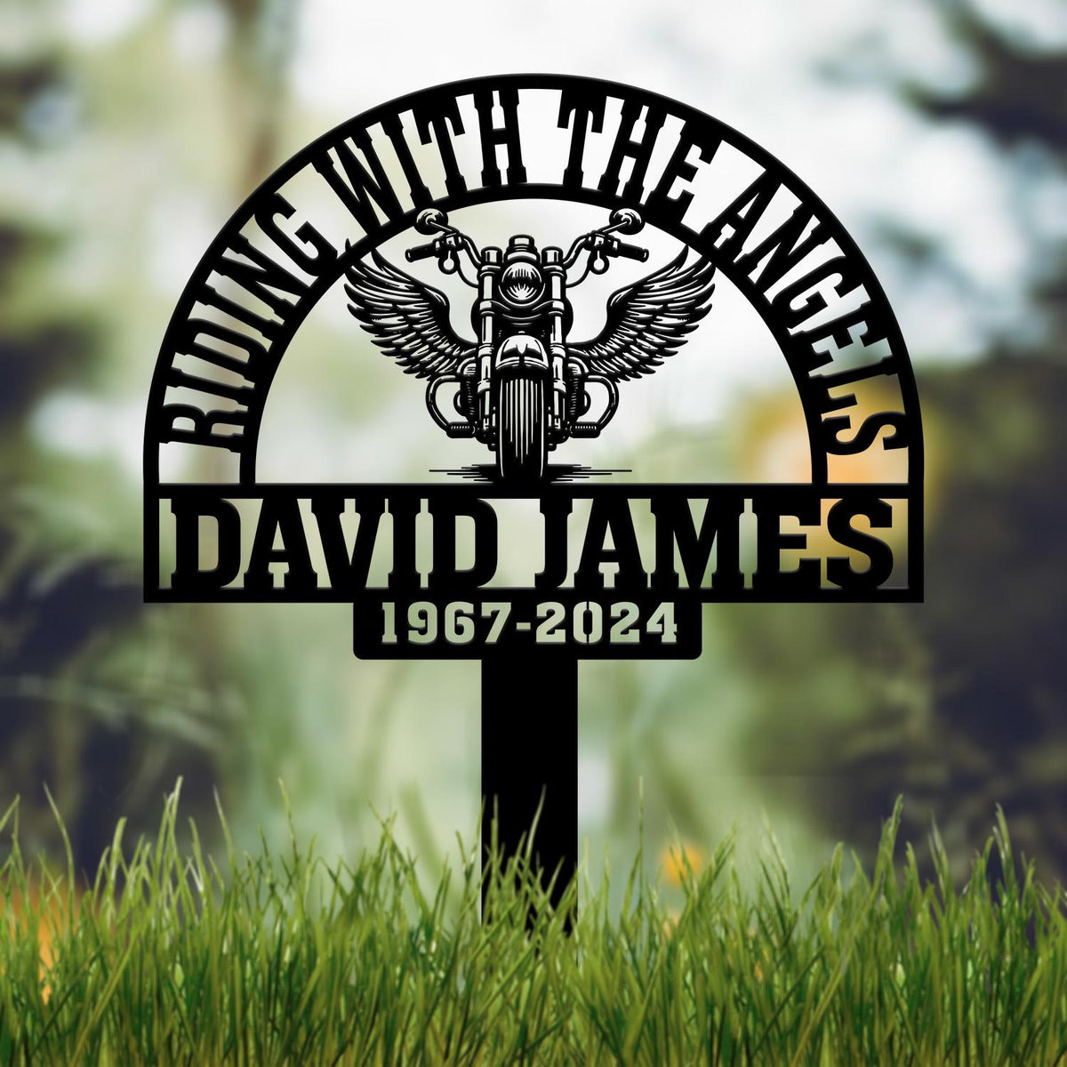 Custom Motorcycle with Wings Memorial Plaque Stake, Personalized Rider Memorial Metal Stake, Biker Name Sign, Sympathy Sign, Grave Marker