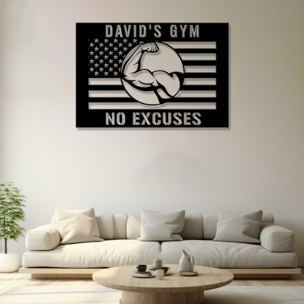 Custom No Excuses Home Gym US Flag Metal Sign, Powerlifting Metal Wall Art, Personalized Home Gym Sign, Fitness Decor, Gift for Dad Husband