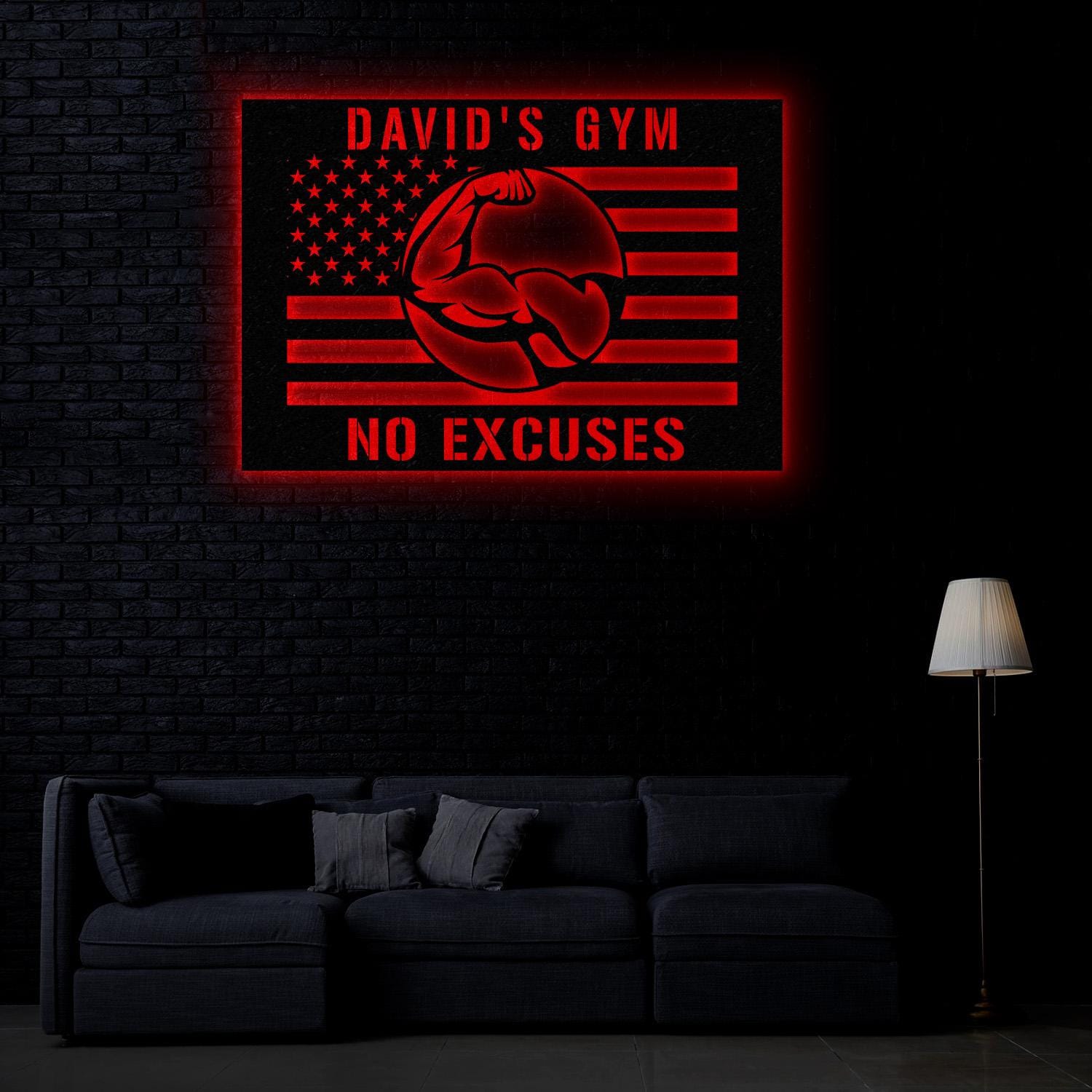 Custom No Excuses Home Gym US Flag Metal Sign, Powerlifting Metal Wall Art, Personalized Home Gym Sign, Fitness Decor, Gift for Dad Husband
