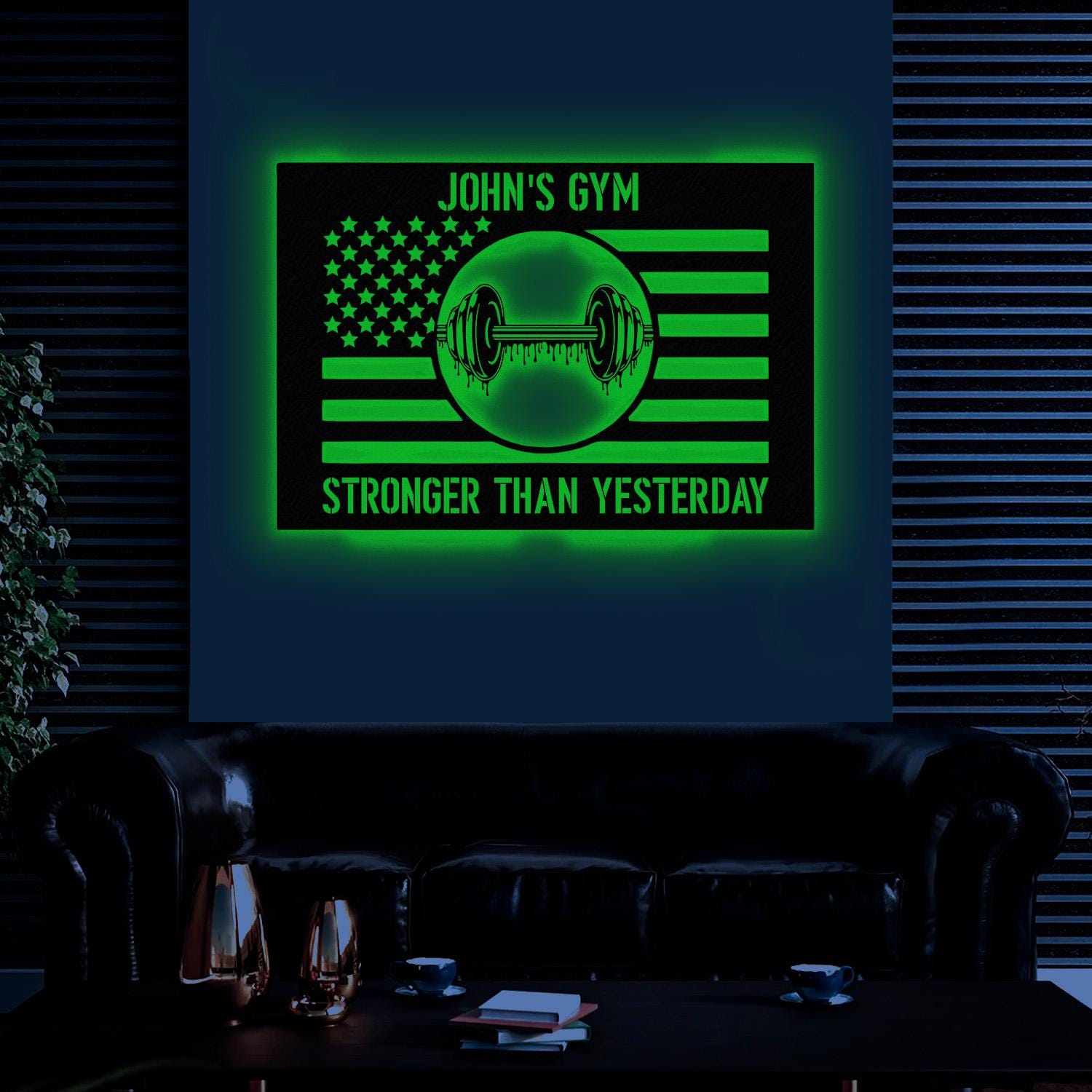 Custom Stronger Than Yesterday Gym US Flag Metal Sign, Powerlifting Metal Wall Art, Personalized Home Gym Sign, Fitness Decor, Gift for Dad