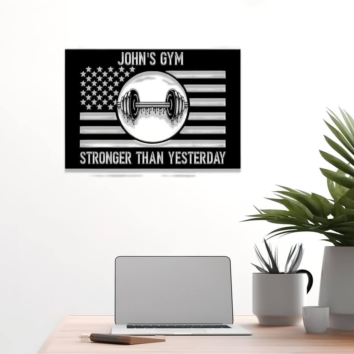 Custom Stronger Than Yesterday Gym US Flag Metal Sign, Powerlifting Metal Wall Art, Personalized Home Gym Sign, Fitness Decor, Gift for Dad