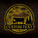 Custom Cow Farmhouse Metal Wall Art LED Light, Personalized Horse Flower Name Sign, Cow Ranch Sign, Outdoor decor, Farmer Gift