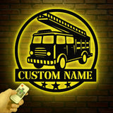Custom Fire Truck Metal Wall Art With LED Light, Personalized Fire Trucker Name Sign Decoration For Room, Fire Truck Metal LED Decor
