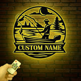Personalized Fishing Metal Sign, Custom Trout Fish LED Wall Art, Outdoor Fishing Cabin Decor, Fisherman Name Sign, Gift for Dad
