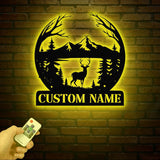 Personalized Deer Metal Cabin Sign with Led Lights, Custom Deer Forest Metal Sign, Last Name Sign, Deer Sign, Cabin Sign, Gift for Dad