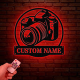 Custom Camera Metal Wall Art with LED Lights: Photographer Name Sign