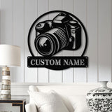 Custom Camera Metal Wall Art with LED Lights: Photographer Name Sign