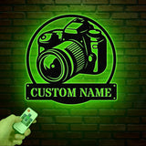 Custom Camera Metal Wall Art with LED Lights: Photographer Name Sign