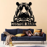 Customized Hippo Head Metal Wall Art LED Light, Personalized Wild Animal Metal Name Sign Decor, Hippopotamus Metal Light Wall Decor