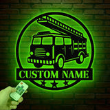 Custom Fire Truck Metal Wall Art With LED Light, Personalized Fire Trucker Name Sign Decoration For Room, Fire Truck Metal LED Decor