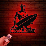 Personalized Wave Surfing Metal Sign with Led Light, Custom Surfer Name Sign, Water Sport Sign, Xmas Birthday Gift, Surf Shack Beach House