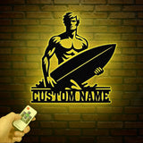 Personalized Wave Surfing Metal Sign with Led Light, Custom Surfer Name Sign, Water Sport Sign, Xmas Birthday Gift, Surf Shack Beach House