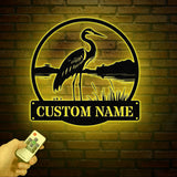 Custom Metal Heron Metal Sign with Led Lights, Personalized Heron Sign, Metal Heron Bird Art, Blue Heron Decor, Pond Decor, Beach Lake Sign