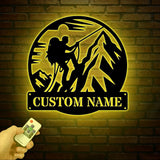 Custom US Mountain Climber Metal Wall Art LED Light, Personalized Mountain Climbing Sign, Hiking and Outdoor Enthusiast Gift, Home Decor