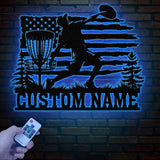 Personalized US Flag Disc Golf Metal Sign with LED Lights, Custom Disc Golfer Name Sign, Sports Wall Art, Gift for Dad, Home Decor