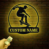Personalized Name Skate Metal Wall Art with Led Light, Custom Skateboard Name Sign, Nursery Decor, Skating Sign, Kid Room Decor