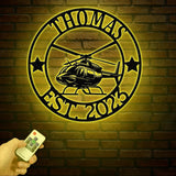 Personalized LED Helicopter Metal Sign, Custom Pilot Name Wall Art, Aviation Decor, Military Helicopter Gift, Man Cave Decor