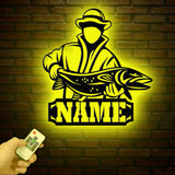 Personalized Fishing Metal Sign, Custom Trout Fish LED Wall Art, Outdoor Fishing Cabin Decor, Fisherman Name Sign, Gift for Dad