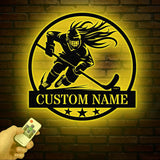 Personalized Girl Ice Hockey Metal Wall Art LED Light, Custom Hockey Player Stick Sign, Sports Wall Art, Gift for Hockey Lovers