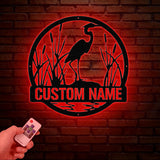 Custom Metal Heron Metal Sign with Led Lights, Personalized Heron Sign, Metal Heron Bird Art, Blue Heron Decor, Pond Decor, Beach Lake Sign