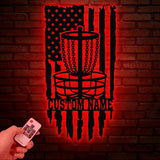 Personalized US Flag Disc Golf Metal Sign with LED Lights, Custom Disc Golfer Name Sign, Sports Wall Art, Gift for Dad, Home Decor