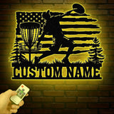 Personalized US Flag Disc Golf Metal Sign with LED Lights, Custom Disc Golfer Name Sign, Sports Wall Art, Gift for Dad, Home Decor