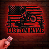 Personalized US Flag Dirt Bike Metal Sign with Led Light - Motocross Decor, Biker Name Sign, Outdoor Motorcycle Wall Art, Dirt Bike Gift