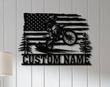 Personalized US Flag Dirt Bike Metal Sign with Led Light - Motocross Decor, Biker Name Sign, Outdoor Motorcycle Wall Art, Dirt Bike Gift