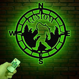 Personalized Bigfoot Compass Metal Wall Art with LED Light, Custom Sasquatch Forest Decor, Rustic Adventure Compass Sign, Nature Lover Gift