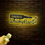 Custom Whiskey Bar Metal Wall Art with Led Lights, Personalized Home Bar Metal Sign, Man Cave Decor, Bourbon Cocktail Drinking Name Sign