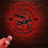 Custom Airplane Hangar Metal Sign with Led Lights- Personalized Pilot Name Wall Art - Aviation Lover Gift - Man Cave Airplane Decor