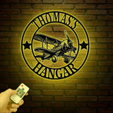 Custom Airplane Hangar Metal Sign with Led Lights- Personalized Pilot Name Wall Art - Aviation Lover Gift - Man Cave Airplane Decor