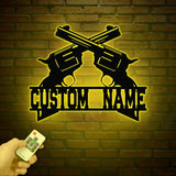 Personalized Crossed Revolvers Metal Sign with Led Light, Custom Armory Name Sign, Veteran Gift, Metal Gun Wall Art, Gun Sign