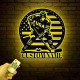 Personalized Hockey Metal Wall Art LED Light, Hockey Player Name Sign, Hockey Wall Decor, Hockey Metal Sign, LED Hockey Metal Wall Art
