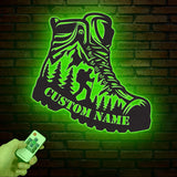 Custom Hiker Boot Mountain Metal Wall Art with LED Light, Hiking Metal Sign, Nature Lover Wall Decor, Adventure Gift for Hikers or Cabin